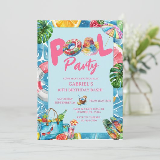 Moderne Pool Party Verjaardag Uitnodiging (Staand voorkant)