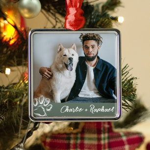 Moderne Pootafdruk Eenzijdige Hond Dierenfoto Groe Metalen Ornament
