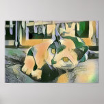 Moderne Pop art Calico Kat voor katten Poster<br><div class="desc">Dit is een moderne digitale illustratie van de kunststijl van de pop van een calicaanse kat die op een kussen voor sommige ramen relaxeert. Het wordt gedaan in een stripstijl met gedempte kleurtinten van geel,  groen en grijs.</div>