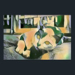 Moderne Pop art Calico Kat voor katten Poster<br><div class="desc">Dit is een moderne digitale illustratie van de kunststijl van de pop van een calicaanse kat die op een kussen voor sommige ramen relaxeert. Het wordt gedaan in een stripstijl met gedempte kleurtinten van geel,  groen en grijs.</div>