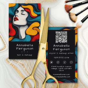 Moderne Pop Art Retro Kleurrijke Haar Make-up QR-c Visitekaartje