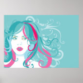 Moderne Pop Art Vrouw Blauwgroen en Roze Swirl Hai Poster (Voorkant)
