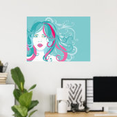 Moderne Pop Art Vrouw Blauwgroen en Roze Swirl Hai Poster (Thuiskantoor)