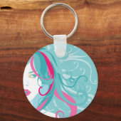 Moderne Pop Art Vrouw Blauwgroen en Roze Swirl Hai Sleutelhanger (Voorkant)