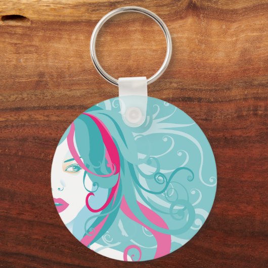 Moderne Pop Art Vrouw Blauwgroen en Roze Swirl Hai Sleutelhanger (Voorkant)