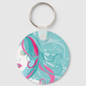Moderne Pop Art Vrouw Blauwgroen en Roze Swirl Hai Sleutelhanger (Achterkant)
