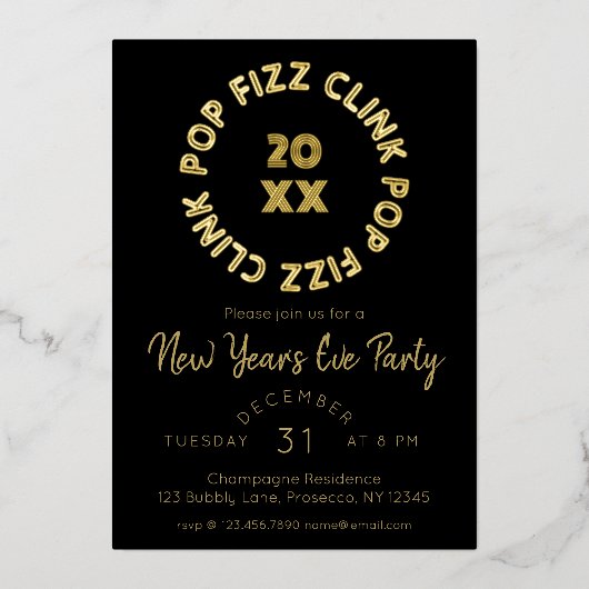 Moderne Pop Fizz Clink Nieuwjaarsfeest Folie Feestdagenkaart (Voorkant)