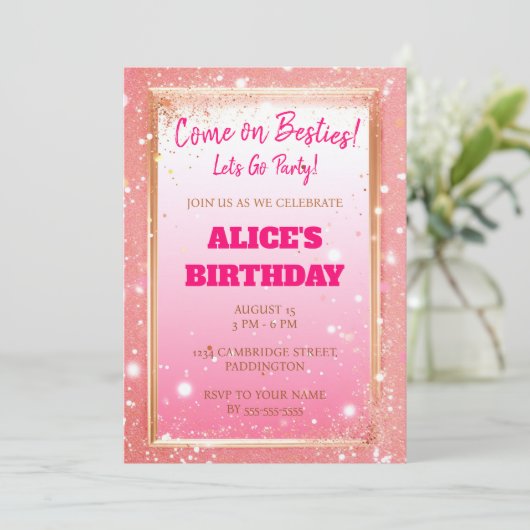 Moderne pop roze glitter verjaardag kaart (Staand voorkant)