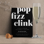 Moderne Pop | Uitnodiging Eve-partij nieuwjaar<br><div class="desc">De moderne en minimalistische partijuitnodigingen van het Nieuwjaar Eve zijn voorzien van chic black en white styling met "pop fizz clink" in te grote witte retrorettering. Pas je aan met je nieuwjaarsfeestdetails hieronder. Invitaties keren terug naar een patroon van kleurrijke sterren in zwart op wit.</div>