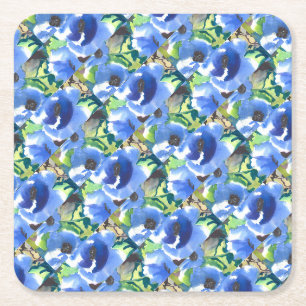 Moderne Poppy Floral in blauw en groen patroon Kartonnen Onderzetters