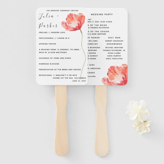 Moderne Poppy Red bruiloft programma Hand Fan Handwaaier (Voorkant en achterkant)