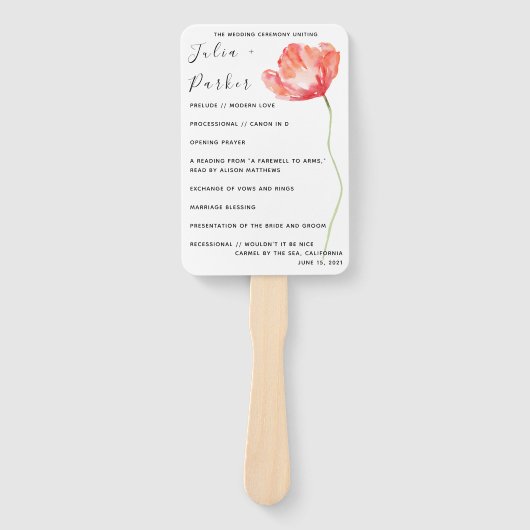 Moderne Poppy Red bruiloft programma Hand Fan Handwaaier (Voorkant)