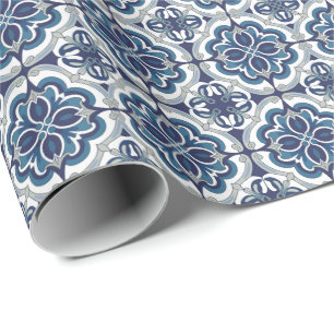 Moderne Portugese Tegels Azulejos Marineblauw en W Cadeaupapier