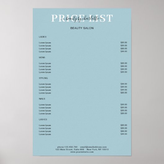 Moderne Poster met Prijslijst in Blauw (Voorkant)