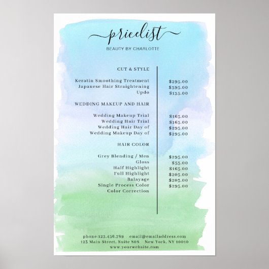 Moderne Poster met Waterkleuren Prijslijst (Voorkant)