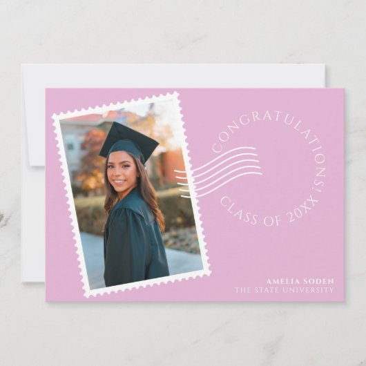 Moderne postzegel ontwerp: roze foto Afstuderen Aankondiging (Voorkant)
