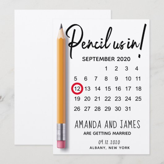 Moderne potlood in kalender-karton save the date (Voorkant / Achterkant)