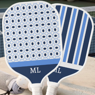 Moderne Preppy Blauwe Marine Geometrische Patroon Pickleball Paddle