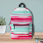 Moderne Preppy Cyaan Magenta Gepersonaliseerde Naa Bedrukte Rugzak<br><div class="desc">Modern Preppy Cyan Magenta Waterverf Stripe Pattern Personalized Name Backpacks bevat uw gepersonaliseerde naam,  monogram of initialen in een eenvoudige scripttypografie op een moderne cyaan en mageneta waterverf streep achtergrond. Perfect voor terug naar school,  sport,  sportschool en meer. Ontworpen door ©Evco Studio www.zazzle.com/store/evcostudio</div>