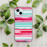 Moderne Preppy Cyaan Magenta Gepersonaliseerde Naa iPhone 15 Mini Hoesje<br><div class="desc">Modern Preppy Cyan Magenta Waterverf Streeppatroon Gepersonaliseerde naam iPhone 15 Plus Hoesjes beschikt over uw gepersonaliseerde naam, monogram of initialen in een eenvoudige scripttypografie op een moderne cyaan en mageneta waterverf streep achtergrond. Perfecte gift voor haar voor verjaardag, moeder voor Moederdag, zus of bestie voor Kerstmis en feestdagen. Ontworpen door...</div>