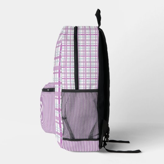 Moderne Preppy Lavendel Roze Plakken en Stripe Gir Bedrukte Rugzak (Rechts)