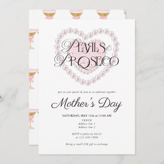 Moderne Preppy Parels & Prosecco Moederdag Party Kaart (Voorkant / Achterkant)
