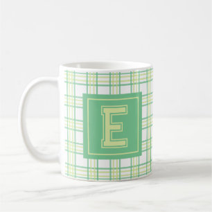 Moderne Preppy Plaid Groene Lime Varsity Monogram Koffiemok
