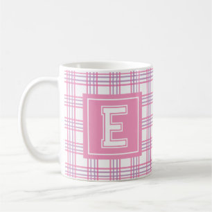 Moderne Preppy Plaid Roze Paars Varsity Monogram Koffiemok
