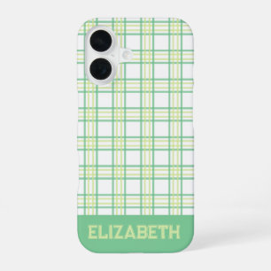 Moderne Preppy Plaid Varsity Lettertype Groen Lime iPhone 16 Hoesje