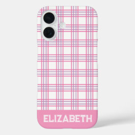 Moderne Preppy Plaid Varsity Lettertype Roze Paars iPhone 16 Hoesje