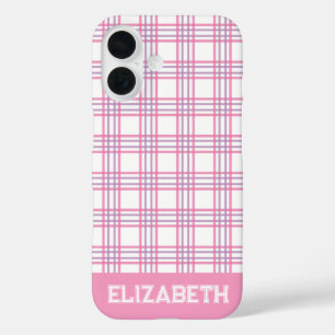 Moderne Preppy Plaid Varsity Lettertype Roze Paars iPhone 16 Hoesje