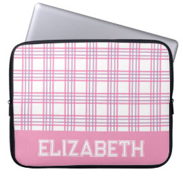 Moderne Preppy Plaid Varsity Lettertype Roze Paars Laptop Sleeve