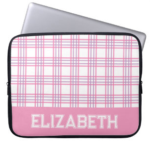 Moderne Preppy Plaid Varsity Lettertype Roze Paars Laptop Sleeve