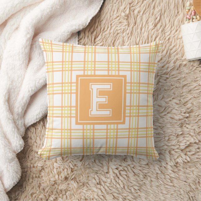 Moderne Preppy Plaid Varsity Monogram Oranje Geel Kussen (Deken)
