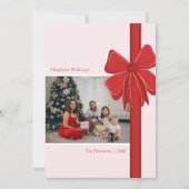 Moderne Preppy Rode Lint Boog Ingepakte Foto Feestdagenkaart (Voorkant)