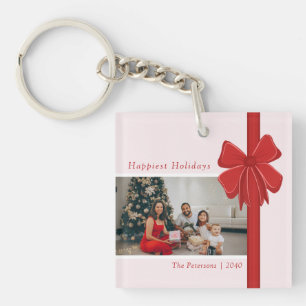 Moderne Preppy Rode Lint Boog Wrap Foto Kerstmis Sleutelhanger