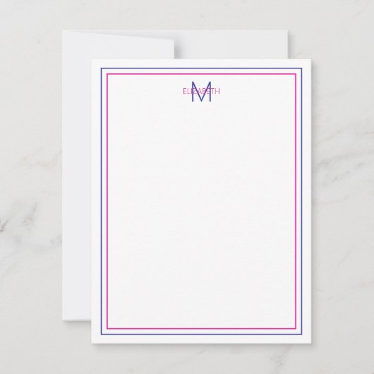 Moderne Preppy Roze en Marine Blauw Monogram Notitiekaartje (Voorkant)