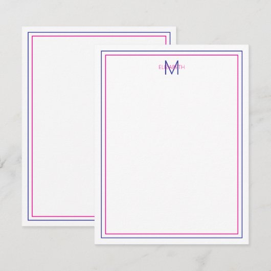 Moderne Preppy Roze en Marine Blauw Monogram Notitiekaartje (Voorkant / Achterkant)