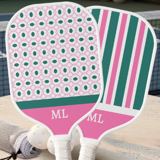 Moderne Preppy Roze Teal Geometrisch Patroon Initi Pickleball Paddle