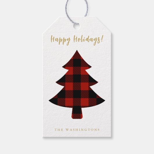 Moderne pret rood buffelplaid kerstboom cadeaulabel (Voorkant)