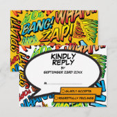 Moderne Pret Typografische Comic Pop Art RSVP Kaartje (Voorkant / Achterkant)