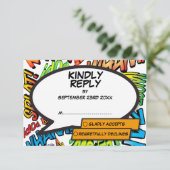 Moderne Pret-Typografische Stripboek Huwelijk RSVP Kaartje (Staand voorkant)