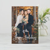 Moderne pretentieloze kalligrafie gezinsfoto  feestdagenkaart (Staand voorkant)