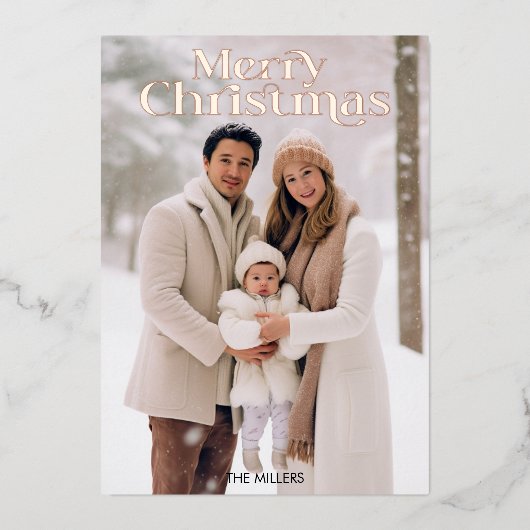 Moderne Prettig Kerstmis Minimaal 1 Foto Beige Folie Feestdagenkaart (Voorkant)