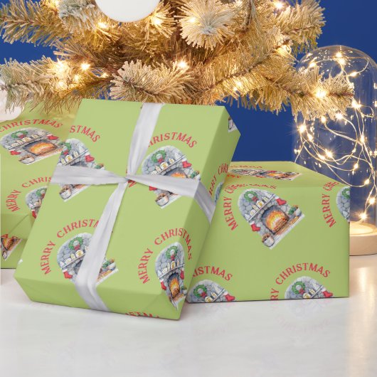 Moderne Prettig Kerstmis Rood Groen Open Haard Cadeaupapier (Feestdagen)