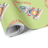 Moderne Prettig Kerstmis Rood Groen Open Haard Cadeaupapier (Rol Hoek)