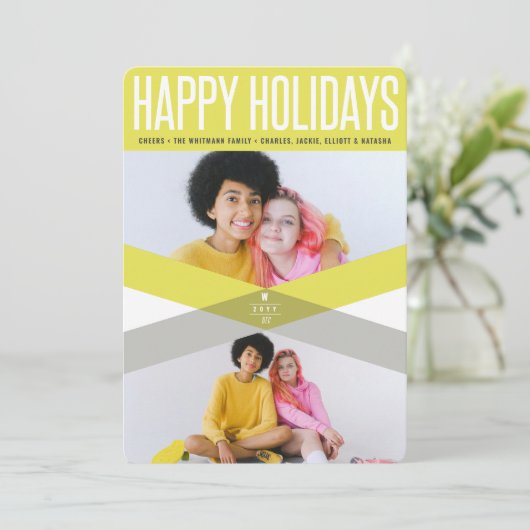 Moderne Prettige Feestdagen Gele Dubbele Pijlen Fo Feestdagenkaart (Staand voorkant)