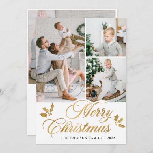 Moderne prettige kerstmis 4-fotografie feestdagenkaart (Voorkant / Achterkant)