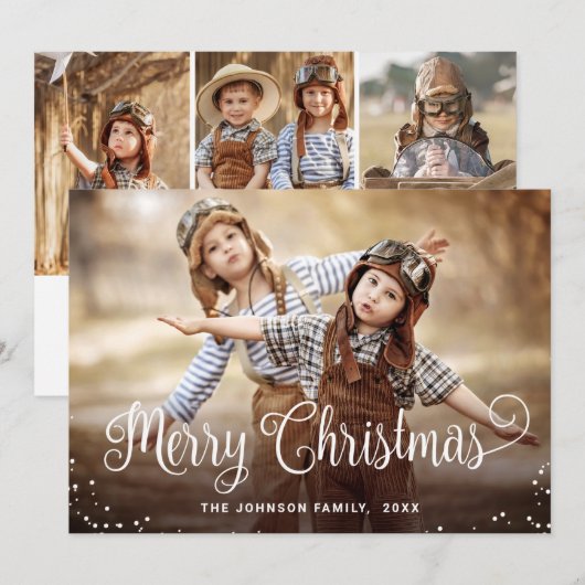 Moderne prettige kerstmis 4-fotografie feestdagenkaart (Voorkant / Achterkant)