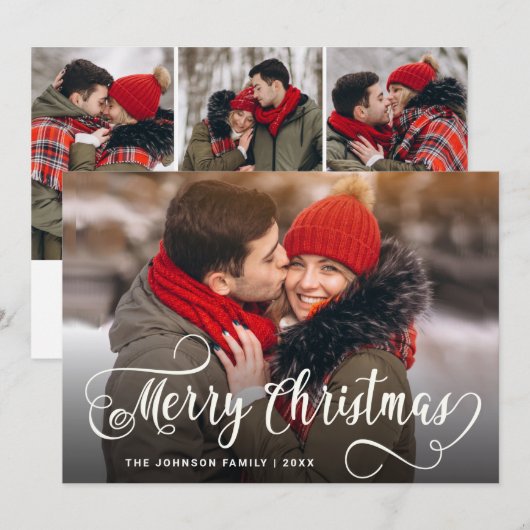 Moderne prettige kerstmis 4-fotografie feestdagenkaart (Voorkant / Achterkant)